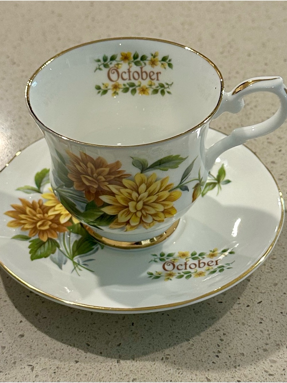 October Floral Bone China Teacup and Saucer - Yellow Floral with Gold Trim